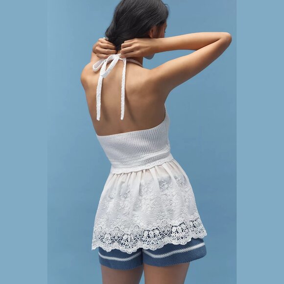 NEW By Anthropologie - Size XS, S, M Twofer Crochet Lace Halter Tank Top - Ivory - Picture 2 of 4